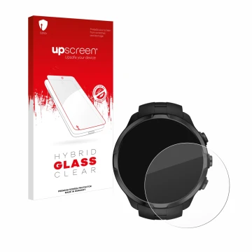 Parte frontal de un envase de producto con el logotipo de la marca upscreen. Al lado se muestra el dispositivo Suunto Spartan 