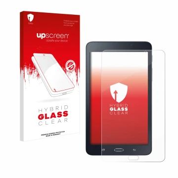 Parte frontal de un envase de producto con el logotipo de la marca upscreen. Al lado se muestra el dispositivo Samsung Galaxy 