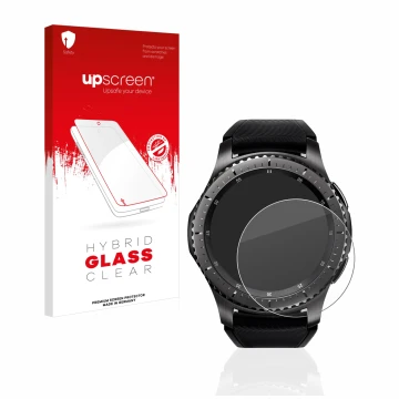 Parte frontal de un envase de producto con el logotipo de la marca upscreen. Al lado se muestra el dispositivo Samsung Gear S3