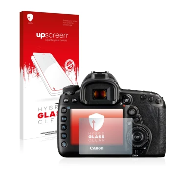 Parte frontal de un envase de producto con el logotipo de la marca upscreen. Al lado se muestra el dispositivo Canon EOS 5D Ma