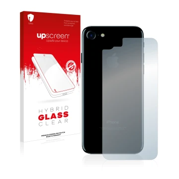 Parte frontal de un envase de producto con el logotipo de la marca upscreen. Al lado se muestra el dispositivo Apple iPhone 7 