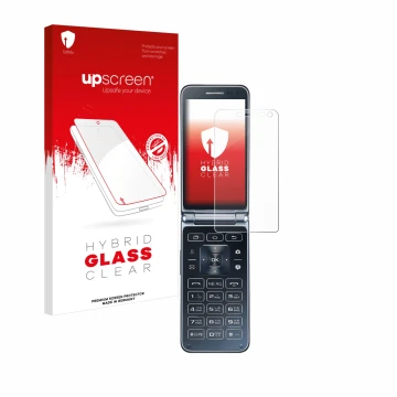 Parte frontal de un envase de producto con el logotipo de la marca upscreen. Al lado se muestra el dispositivo Samsung Galaxy 