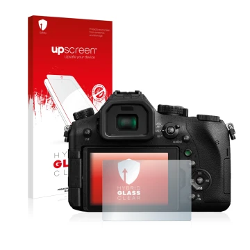 Parte frontal de un envase de producto con el logotipo de la marca upscreen. Al lado se muestra el dispositivo Panasonic Lumix