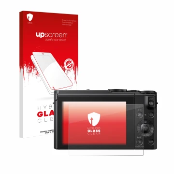 Parte frontal de un envase de producto con el logotipo de la marca upscreen. Al lado se muestra el dispositivo Panasonic Lumix