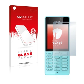 Parte frontal de un envase de producto con el logotipo de la marca upscreen. Al lado se muestra el dispositivo Nokia 216 con s