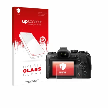 Parte frontal de un envase de producto con el logotipo de la marca upscreen. Al lado se muestra el dispositivo Olympus OM-D E-
