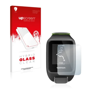 Parte frontal de un envase de producto con el logotipo de la marca upscreen. Al lado se muestra el dispositivo TomTom Runner 3