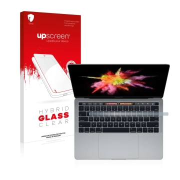 Parte frontal de un envase de producto con el logotipo de la marca upscreen. Al lado se muestra el dispositivo Apple MacBook P
