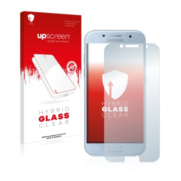 Parte frontal de un envase de producto con el logotipo de la marca upscreen. Al lado se muestra el dispositivo Samsung Galaxy 
