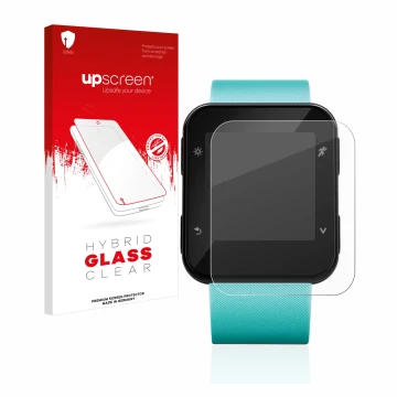 Parte frontal de un envase de producto con el logotipo de la marca upscreen. Al lado se muestra el dispositivo Garmin Forerunn