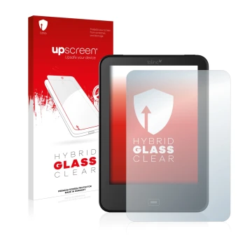 Parte frontal de un envase de producto con el logotipo de la marca upscreen. Al lado se muestra el dispositivo Tolino Vision 4