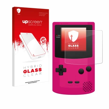 Parte frontal de un envase de producto con el logotipo de la marca upscreen. Al lado se muestra el dispositivo Nintendo Gamebo