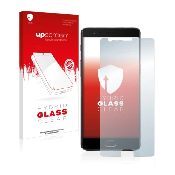 Parte frontal de un envase de producto con el logotipo de la marca upscreen. Al lado se muestra el dispositivo OnePlus 3T con 