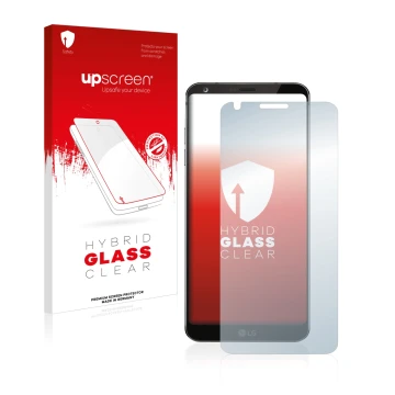 Parte frontal de un envase de producto con el logotipo de la marca upscreen. Al lado se muestra el dispositivo LG G6 con su pr