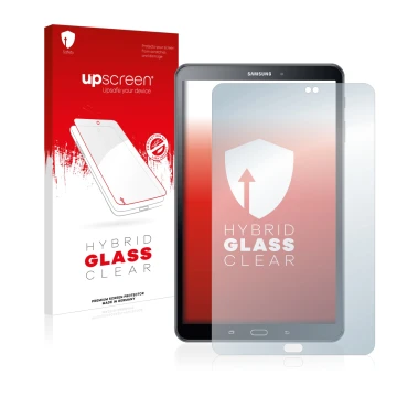 Parte frontal de un envase de producto con el logotipo de la marca upscreen. Al lado se muestra el dispositivo Samsung Galaxy 