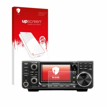 Parte frontal de un envase de producto con el logotipo de la marca upscreen. Al lado se muestra el dispositivo Icom IC-7300 co