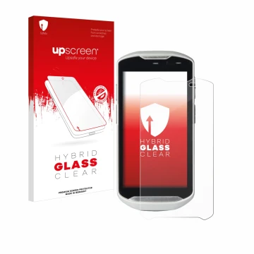 Parte frontal de un envase de producto con el logotipo de la marca upscreen. Al lado se muestra el dispositivo Zebra TC51 con 