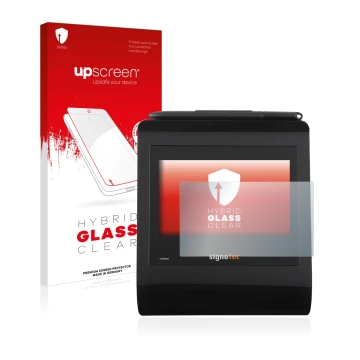 Parte frontal de un envase de producto con el logotipo de la marca upscreen. Al lado se muestra el dispositivo Signotec Signat