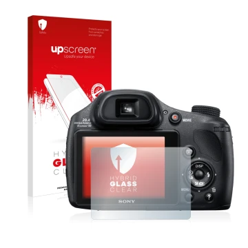 Parte frontal de un envase de producto con el logotipo de la marca upscreen. Al lado se muestra el dispositivo Sony Cyber-Shot