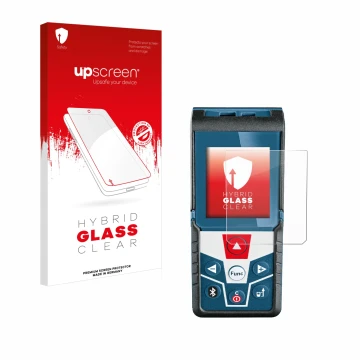 Parte frontal de un envase de producto con el logotipo de la marca upscreen. Al lado se muestra el dispositivo Bosch GLM 50 C 