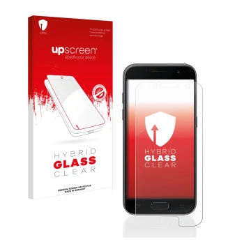Parte frontal de un envase de producto con el logotipo de la marca upscreen. Al lado se muestra el dispositivo Samsung Galaxy 