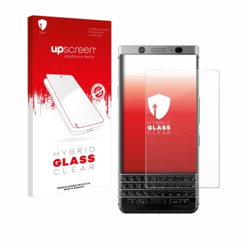 Parte frontal de un envase de producto con el logotipo de la marca upscreen. Al lado se muestra el dispositivo BlackBerry Keyo