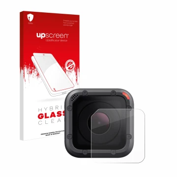 Parte frontal de un envase de producto con el logotipo de la marca upscreen. Al lado se muestra el dispositivo GoPro Hero 5 Se
