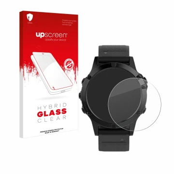 Parte frontal de un envase de producto con el logotipo de la marca upscreen. Al lado se muestra el dispositivo Garmin Fenix 5 