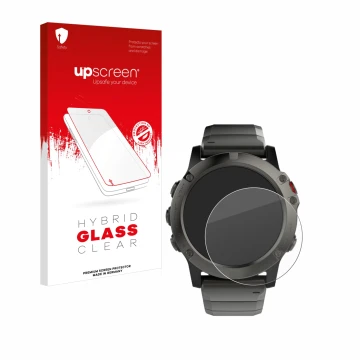 Parte frontal de un envase de producto con el logotipo de la marca upscreen. Al lado se muestra el dispositivo Garmin Fenix 5X