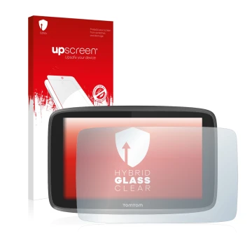Parte frontal de un envase de producto con el logotipo de la marca upscreen. Al lado se muestra el dispositivo TomTom Go 6200 