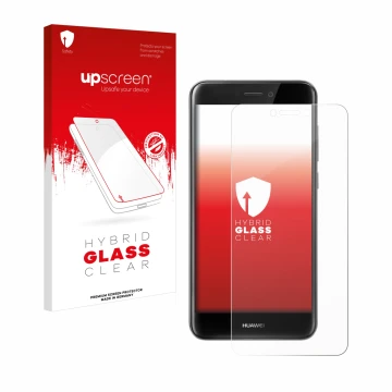 Parte frontal de un envase de producto con el logotipo de la marca upscreen. Al lado se muestra el dispositivo Huawei P8 Lite 