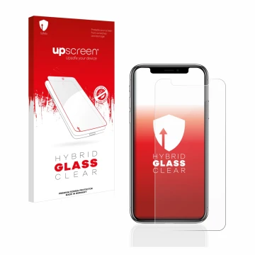 Parte frontal de un envase de producto con el logotipo de la marca upscreen. Al lado se muestra el dispositivo Apple iPhone X 