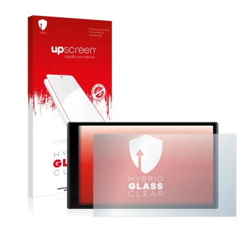 Parte frontal de un envase de producto con el logotipo de la marca upscreen. Al lado se muestra el dispositivo Garmin DriveSma