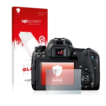 Parte frontal de un envase de producto con el logotipo de la marca upscreen. Al lado se muestra el dispositivo Canon EOS 77D c