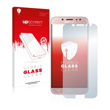 Parte frontal de un envase de producto con el logotipo de la marca upscreen. Al lado se muestra el dispositivo Samsung Galaxy 