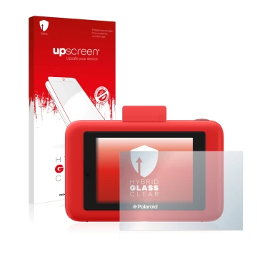 Parte frontal de un envase de producto con el logotipo de la marca upscreen. Al lado se muestra el dispositivo Polaroid Snap T