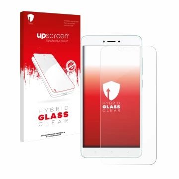 Parte frontal de un envase de producto con el logotipo de la marca upscreen. Al lado se muestra el dispositivo Xiaomi Redmi 4X