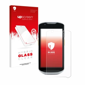 Parte frontal de un envase de producto con el logotipo de la marca upscreen. Al lado se muestra el dispositivo Zebra TC56 con 