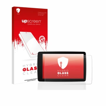 Parte frontal de un envase de producto con el logotipo de la marca upscreen. Al lado se muestra el dispositivo BMW Motorrad Na