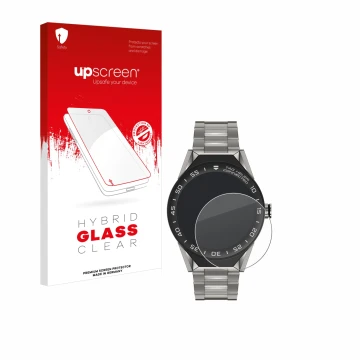 Parte frontal de un envase de producto con el logotipo de la marca upscreen. Al lado se muestra el dispositivo TAG Heuer Conne