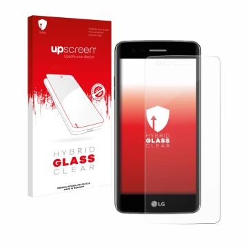 Parte frontal de un envase de producto con el logotipo de la marca upscreen. Al lado se muestra el dispositivo LG K8 2017 con 
