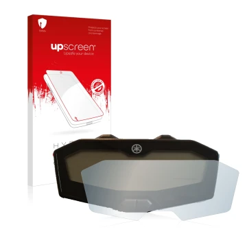 Parte frontal de un envase de producto con el logotipo de la marca upscreen. Al lado se muestra el dispositivo Yamaha MT-07 20