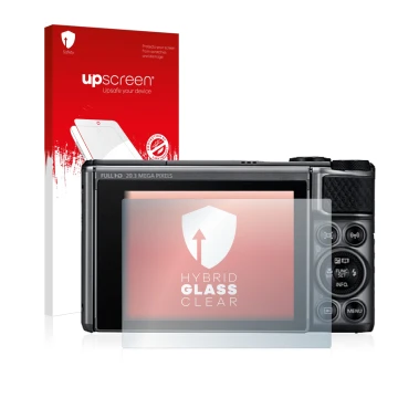 Parte frontal de un envase de producto con el logotipo de la marca upscreen. Al lado se muestra el dispositivo Canon PowerShot