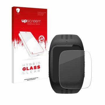 Parte frontal de un envase de producto con el logotipo de la marca upscreen. Al lado se muestra el dispositivo Polar M430 con 