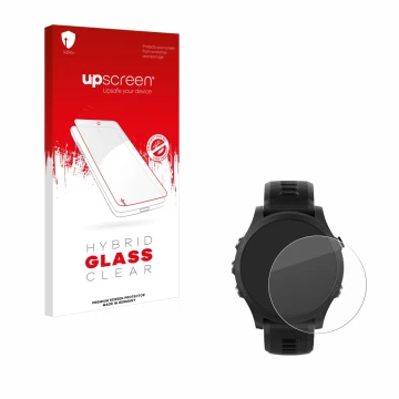 Parte frontal de un envase de producto con el logotipo de la marca upscreen. Al lado se muestra el dispositivo Garmin Forerunn