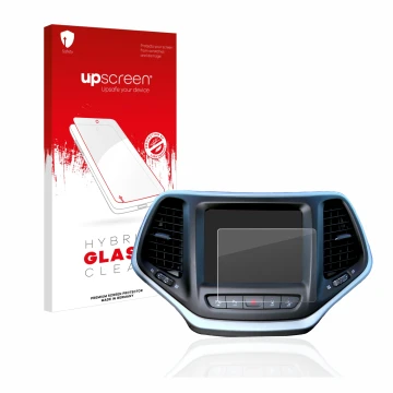 Parte frontal de un envase de producto con el logotipo de la marca upscreen. Al lado se muestra el dispositivo Jeep Cherokee U