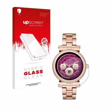 Parte frontal de un envase de producto con el logotipo de la marca upscreen. Al lado se muestra el dispositivo Michael Kors Ac