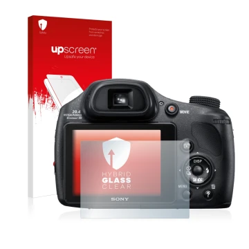 Parte frontal de un envase de producto con el logotipo de la marca upscreen. Al lado se muestra el dispositivo Nintendo 2DS XL