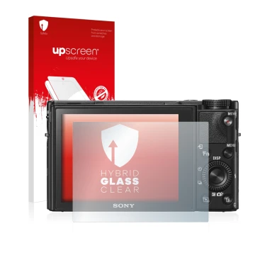 Parte frontal de un envase de producto con el logotipo de la marca upscreen. Al lado se muestra el dispositivo Sony Cyber-Shot