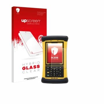 Parte frontal de un envase de producto con el logotipo de la marca upscreen. Al lado se muestra el dispositivo Trimble Nomad 1